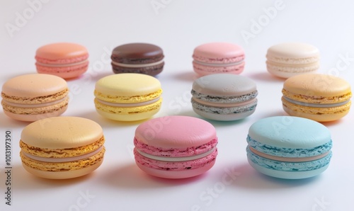 Colorful macaron cookies, white background, 4K hyperrealistic photo