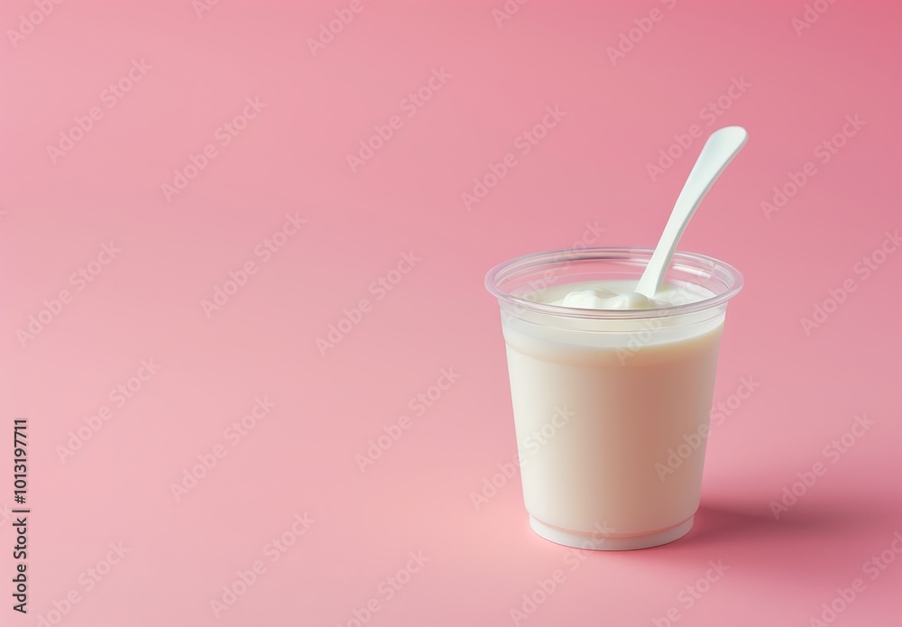 Minimalist Studio Shot of Plastic Yogurt Cup with Spoon and Milk. Minimalist Studio Shot of Plastic Yogurt Cup with Spoon and Milk.