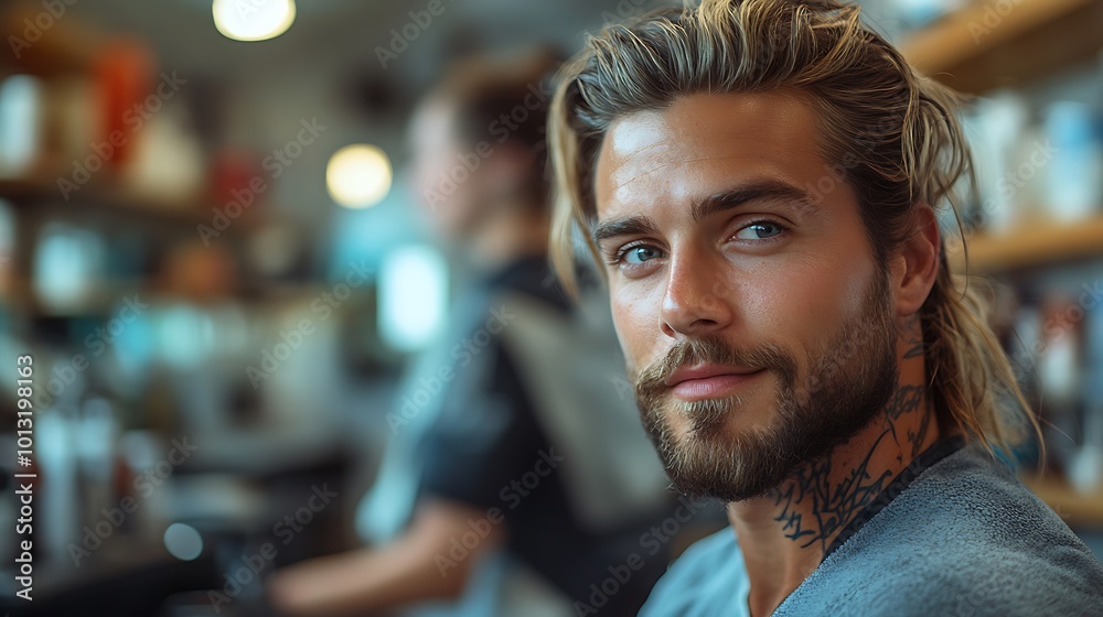 custom made wallpaper toronto digitalIntense gaze of a tattooed man with long blond hair.  His stylish beard and neck tattoo add a rugged charm, while his blue eyes captivate. The blurred background hints at a busy salon.