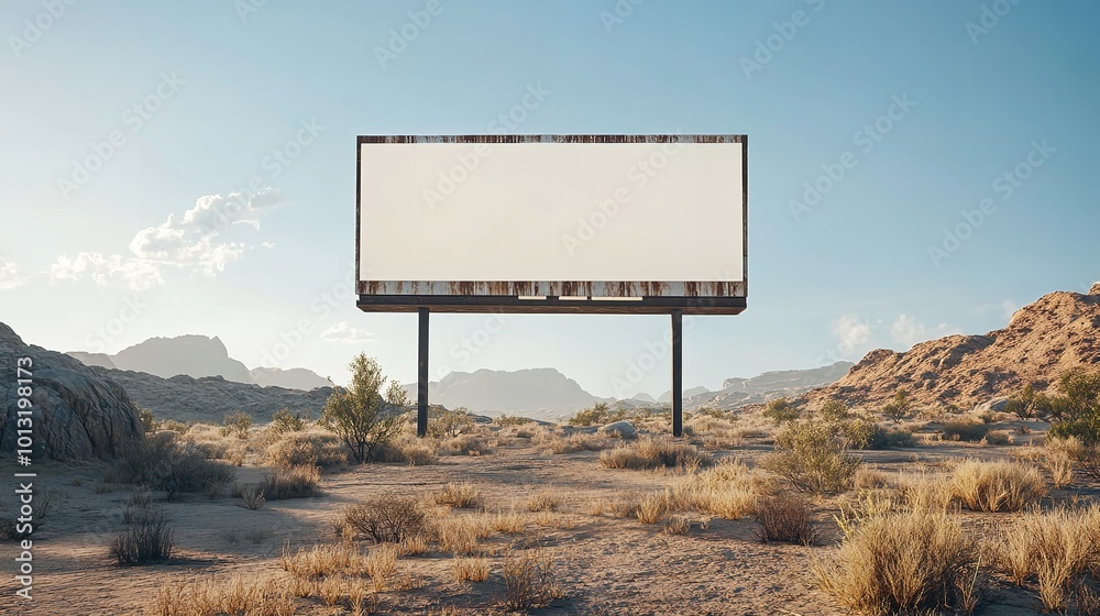 Blank billboard on roadside, mountains in background, bright afternoon light Blank billboard on roadside, mountains in background, bright afternoon light