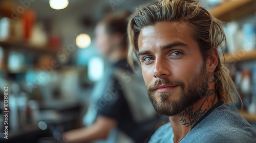 Intense gaze of a tattooed man with long blond hair. His stylish beard and neck tattoo add a rugged charm, while his blue eyes captivate. The blurred background hints at a busy salon.