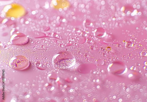 Oil Bubbles Floating on Water with a Pastel Pink Background.