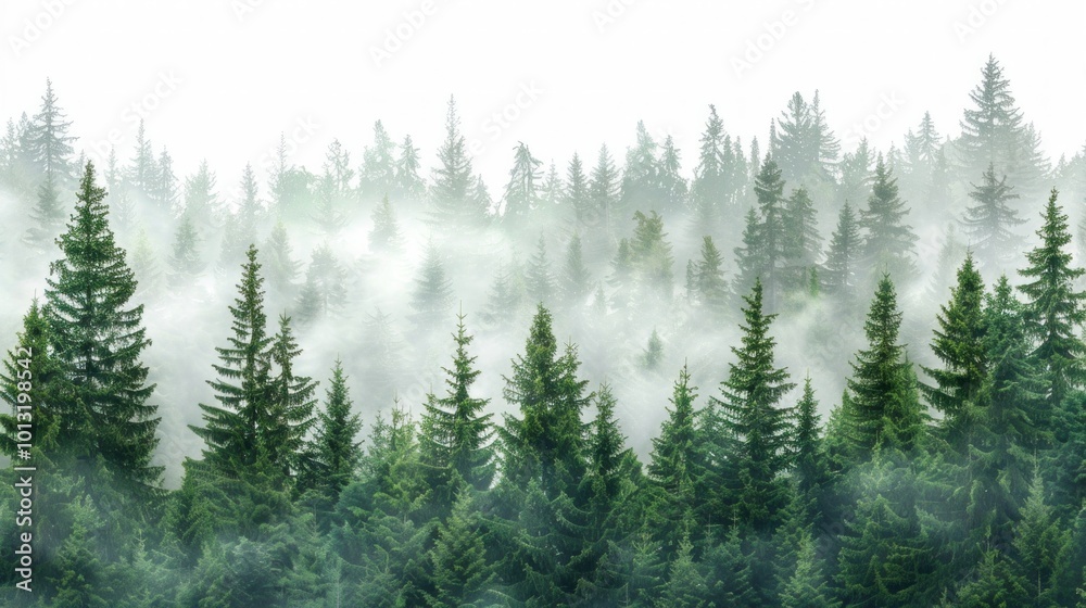 Misty Mountain Forest with Green Pine Trees Misty Mountain Forest with Green Pine Trees