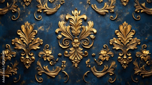 Opulent Gold Damask: A regal tapestry of intricate gold leaf floral designs on a deep blue backdrop. Exquisite craftsmanship and timeless elegance.