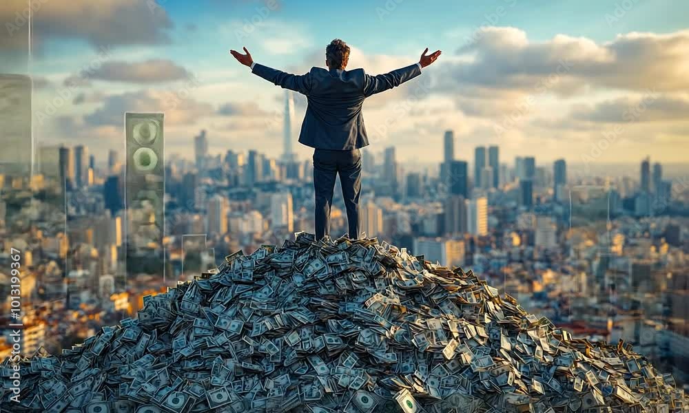 Successful businessman standing on a pile of money with a city background. Successful businessman standing on a pile of money with a city background.