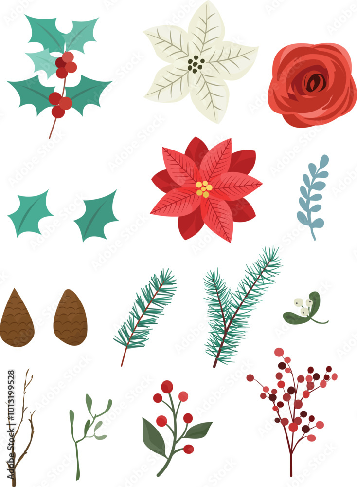 Merry Christmas floral design set. Red and white amaryllis, poinsettia, greenery, burgundy branches, holly, tree twigs. Isolated on white background