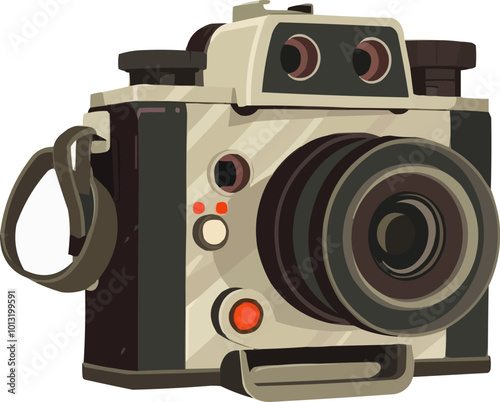 Retro film camera with filmstrip and photographic details, vintage photography, vector illustration for t-shirt, flat style