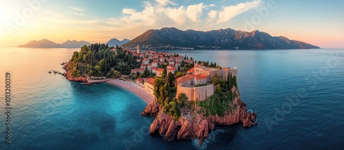 Aerial View of Island Town at Sunset