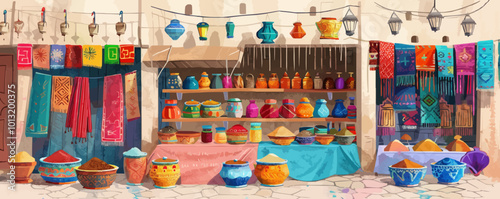 Moroccan bazaar with colorful textiles, spices, and lanterns, bustling with activity, flat, vector illustration in watercolor style