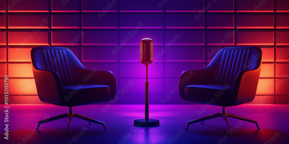 Dual chair interview setup in a dimly lit studio with vibrant lighting and a vintage microphone Dual chair interview setup in a dimly lit studio with vibrant lighting and a vintage microphone