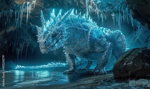 Majestic ice dragon in a frozen cavern, 4K hyperrealistic photo