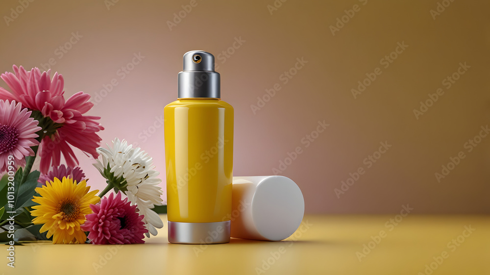 Lampshade for cosmetic products yellow with dispenser on the left side composition of flowers on a yellow background Lampshade for cosmetic products yellow with dispenser on the left side composition of flowers on a yellow background