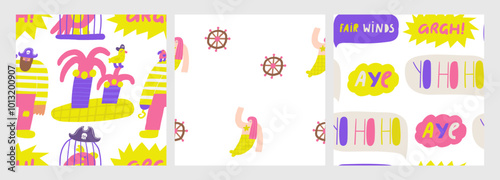 Cute pirate theme seamless pattern. Funny hand drawn doodle repeatable pattern with bandit, treasure, parrot, hook hand, island, hat, cage, bird. Marine, nautical, Caribbean bandit background