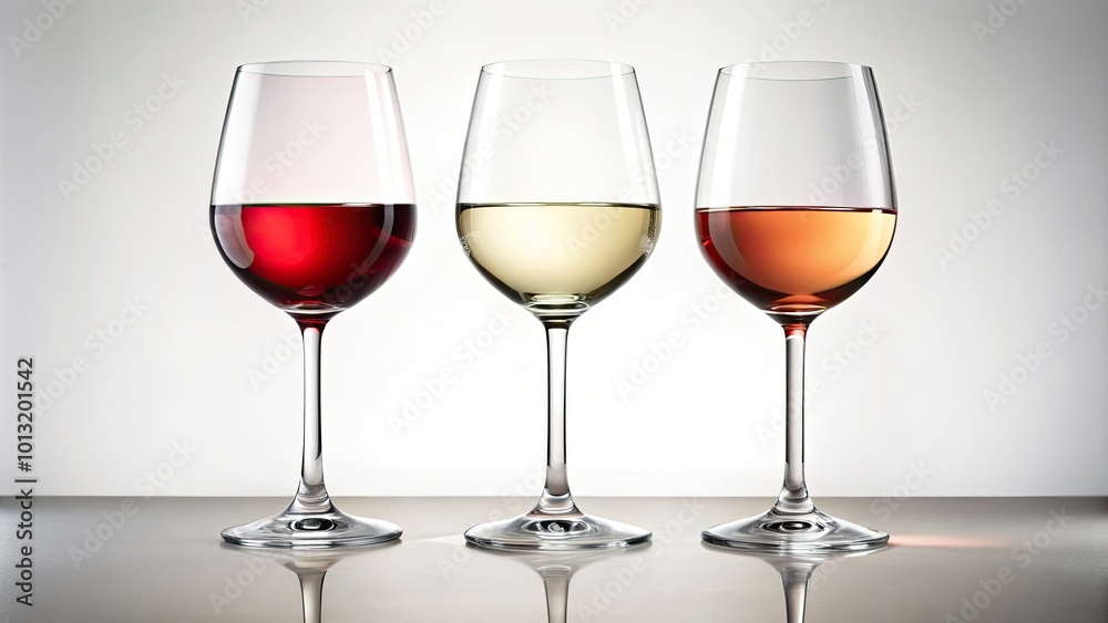 Sophisticated red, white, and rosé wine glasses displayed against a clean white backdrop, ideal for stylish beverage photography that emphasizes elegance and refinement. Sophisticated red, white, and rosé wine glasses displayed against a clean white backdrop, ideal for stylish beverage photography that emphasizes elegance and refinement.