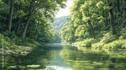 Japanese ancient river with ginkgo trees forest