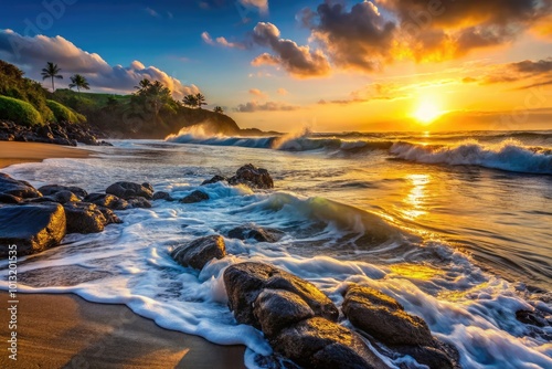 Soft waves caress the lava rocks on a peaceful Indian Ocean beach at dawn, with warm morning light softly illuminating the coastline in tender hues.