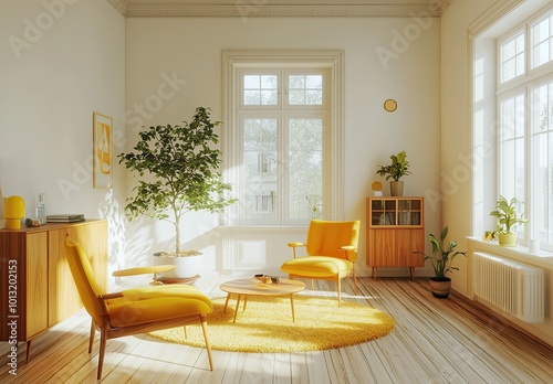 A living room interior with white walls, parquet flooring, and wooden furniture in a yellow color. Scandinavian-style home decor concept. mockup of a modern design interior photo