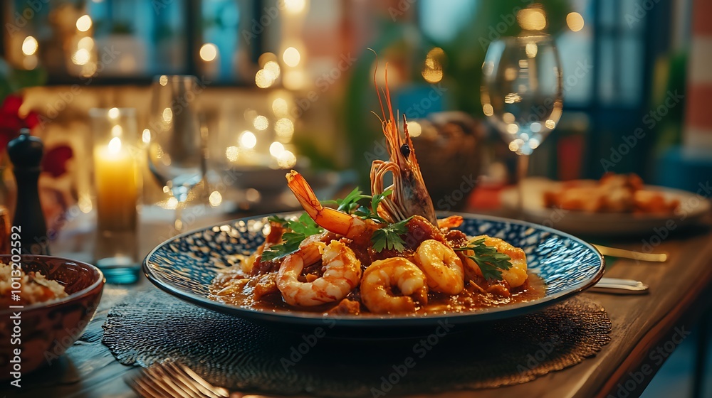 Shrimp Curry Dish in a Romantic Restaurant Setting Shrimp Curry Dish in a Romantic Restaurant Setting