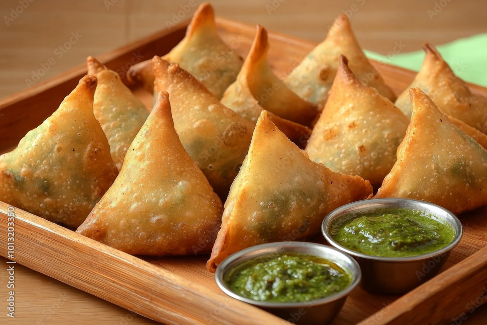 A wooden platter holds a delicious arrangement of golden-brown samosas accompanied by two bowls of green chutney. A wooden platter holds a delicious arrangement of golden-brown samosas accompanied by two bowls of green chutney.
