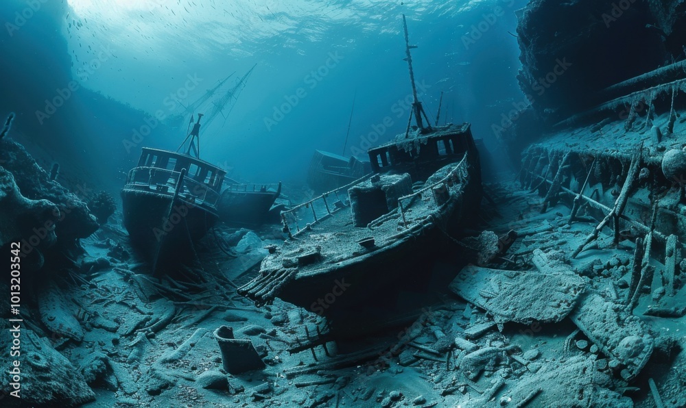 Eerie underwater graveyard of ancient vessels, 4K hyperrealistic photo Eerie underwater graveyard of ancient vessels, 4K hyperrealistic photo