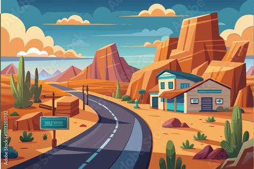 Road near Small cozy town  Landscape in desert stones and rocks cliffs   Flat design Vector illustration.  