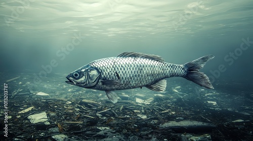 Carp swimming underwater in polluted river with visible trash and debris