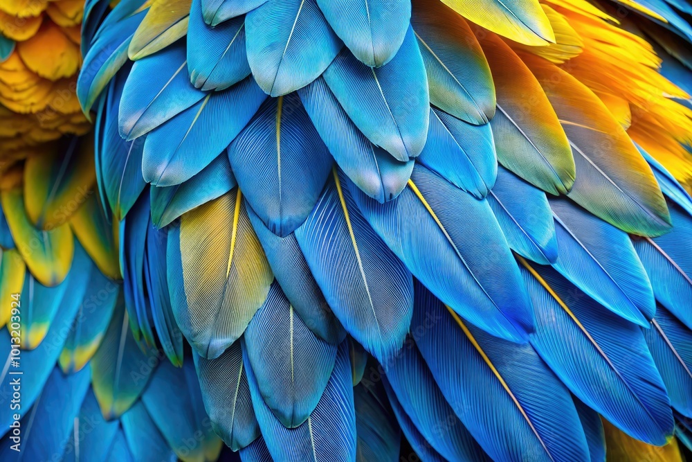 Obraz premium The stunning blue and gold feathers of macaws display remarkable textures and rich hues, embodying nature's vibrant colors and intricate designs in their beauty.