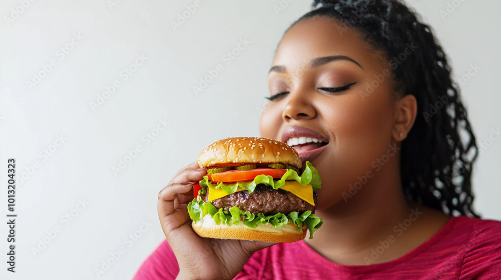 Portrait of fat woman enjoying heavy burger Portrait of fat woman enjoying heavy burger