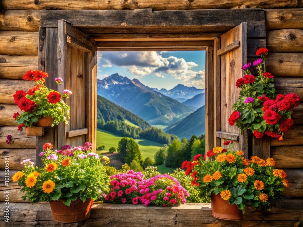 Obraz premium This picturesque South Tyrol farmhouse features a beautiful flower window, showcasing vibrant blooms and rustic charm within a breathtaking landscape of natural beauty.