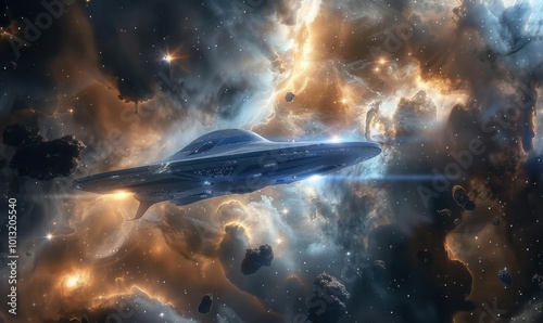 Nebular cruise aboard a luxury space liner, passing through ethereal clouds of ionized gases and cosmic dust, with distant star clusters twinkling in the distance, 4K hyperrealistic photo photo