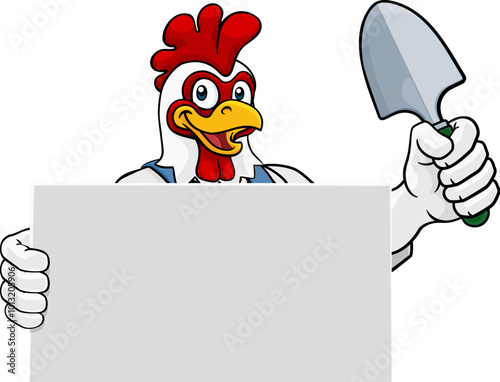 A gardener, farmer or handyman chicken rooster cartoon mascot man holding a gardening tool