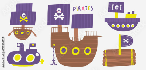 Cute pirate theme composition, postcard with funny hand drawn doodle ship, boat, submarine, bathyscaphe, sub, raft, float. Marine, nautical Caribbean bandit t shirt print, cover, template,poster photo