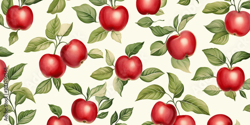 Vintage botanical illustration of red apples and green leaves seamless pattern