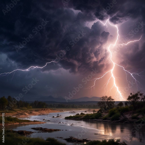 Landscape photography of natural disaster, storm with lightning and flood scenario.