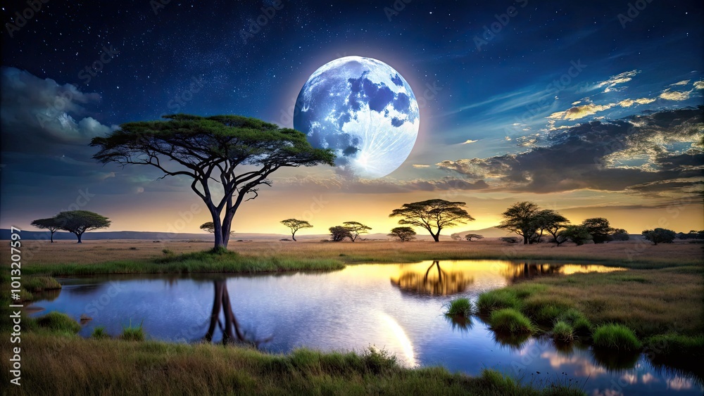 Under the shimmering African moon, a tranquil nighttime landscape unfolds, revealing nature's stunning beauty and a sense of peace in Africa's heart. Under the shimmering African moon, a tranquil nighttime landscape unfolds, revealing nature's stunning beauty and a sense of peace in Africa's heart.