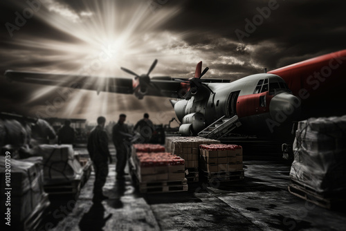  aircraft unloading supplies to help people in need, surrounded by military soldiers assisting people on the ground, under dark, stormy skies. 