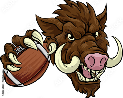 A wild boar, hog razorback warthog pig mean tough cartoon sports mascot holding an American football ball photo