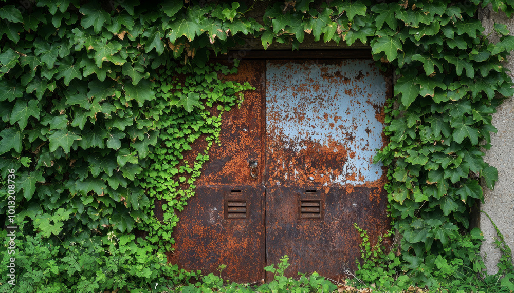 A weathered metal door, partially obscured by vibrant green ivy, suggests a forgotten entrance in a natural setting. A weathered metal door, partially obscured by vibrant green ivy, suggests a forgotten entrance in a natural setting.