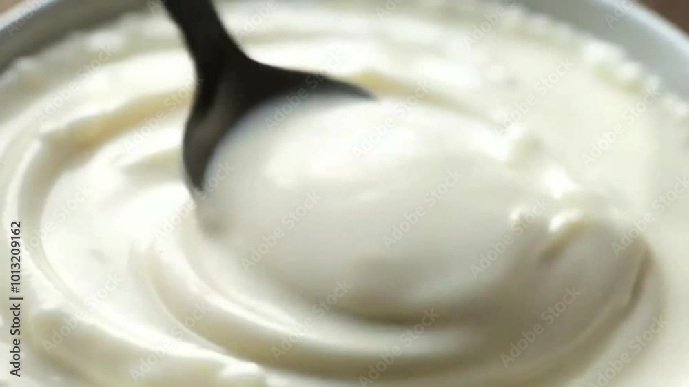 Slow motion of mixing yogurt with spoon, video Slow motion of mixing yogurt with spoon, video