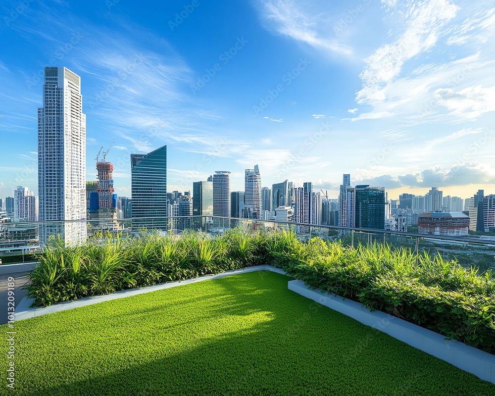 High-angle view of a serene rooftop garden, minimalist design merging nature with urban life, vibrant city skyline in the background