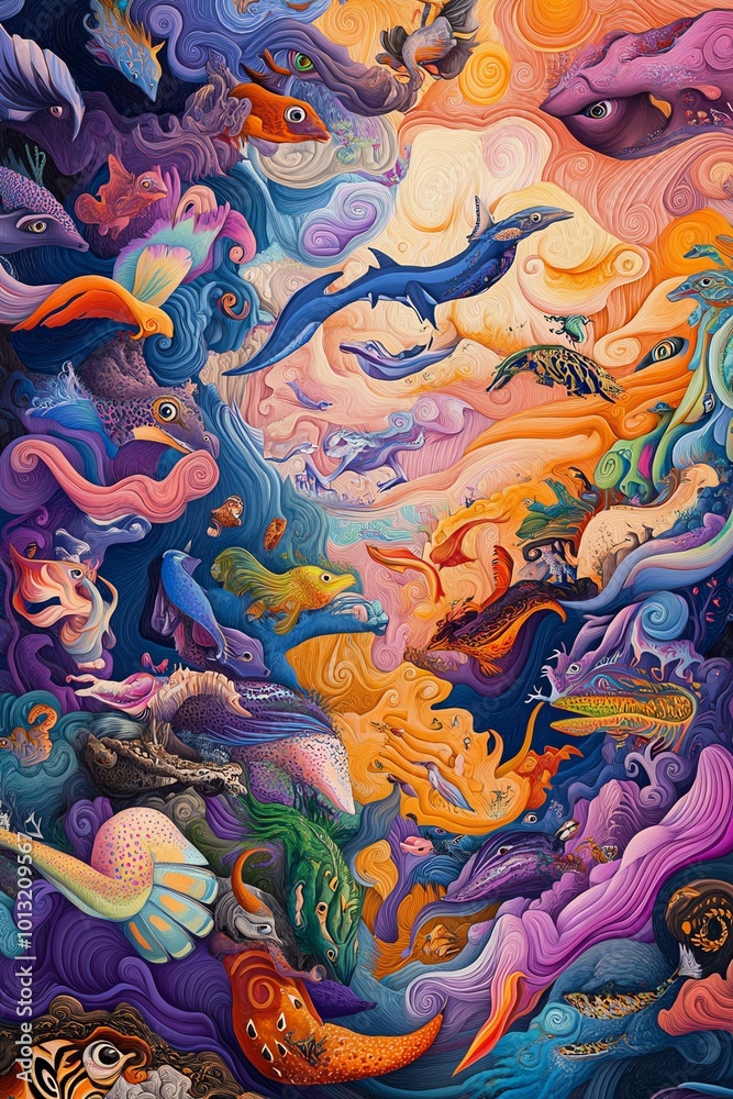 High-angle view of a vibrant fantasy landscape, exotic animals thrive in surreal harmony, colors blend and swirl High-angle view of a vibrant fantasy landscape, exotic animals thrive in surreal harmony, colors blend and swirl