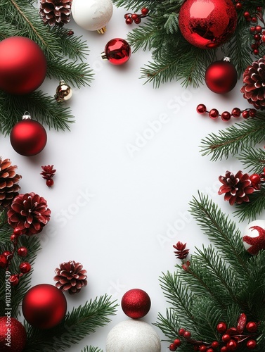 A festive arrangement of red and white ornaments with pine branches, perfect for Christmas.