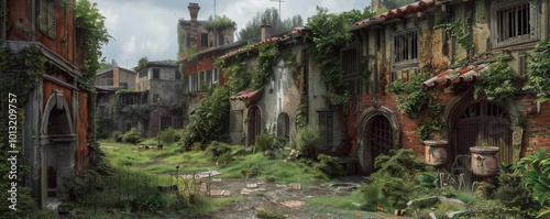 Empty village with crumbling houses and overgrown gardens, 4K hyperrealistic photo,