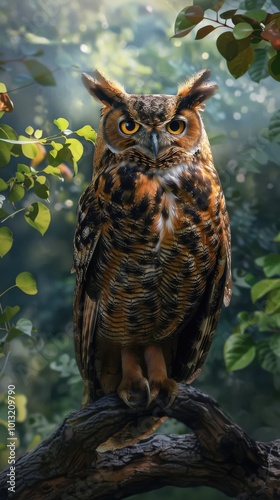 Majestic owl perched on a branch, 4K hyperrealistic photo