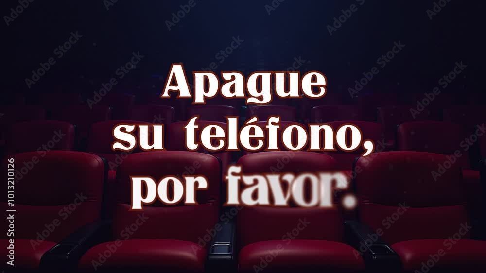 Text message appearing and dissolving on front shot of chairs in cinema: Apague su Teléfono, por favor (Spanish: please silence your phone). Blue lighting above, floating dust particles.
