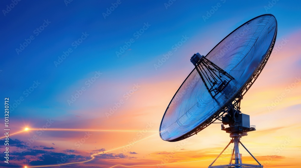A satellite dish is shown in the sky with a beautiful sunset in the background A satellite dish is shown in the sky with a beautiful sunset in the background
