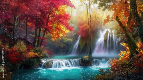 Autumnal Waterfall in a Lush Forest