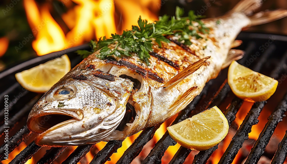 A grilled fish garnished with herbs and lemon slices, sizzling on a barbecue grill, showcasing a delicious meal preparation.