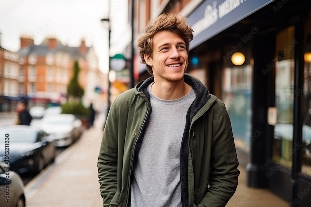 Portrait of a handsome young man standing in the street, smiling. Portrait of a handsome young man standing in the street, smiling.