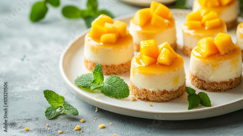 Close-up of mini cheesecakes garnished with fresh mango cubes and mint leaves on a light plate, creating a bright, tropical dessert. 